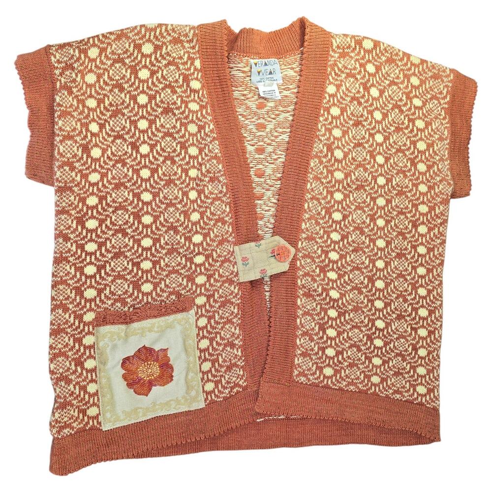 Vintage 70s Boho Cottagecore Style Cotton Knit Orange Vest Veranda Wear Size XL